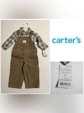 🆕CARTER’S - 9M - NWT - 2PC - INFANT BOYS PLAID BROWN CORDUROY OVERALL SET